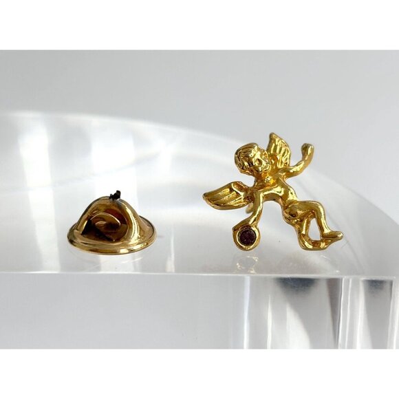 Teeny Tiny Cherub Gold T Purple Rhinestone Angel Figural Vintage Religious Pin - Picture 7 of 10